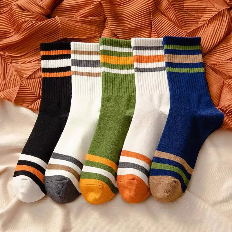 Men's Solid Color Striped Mid Tube Socks | Comfort & Style