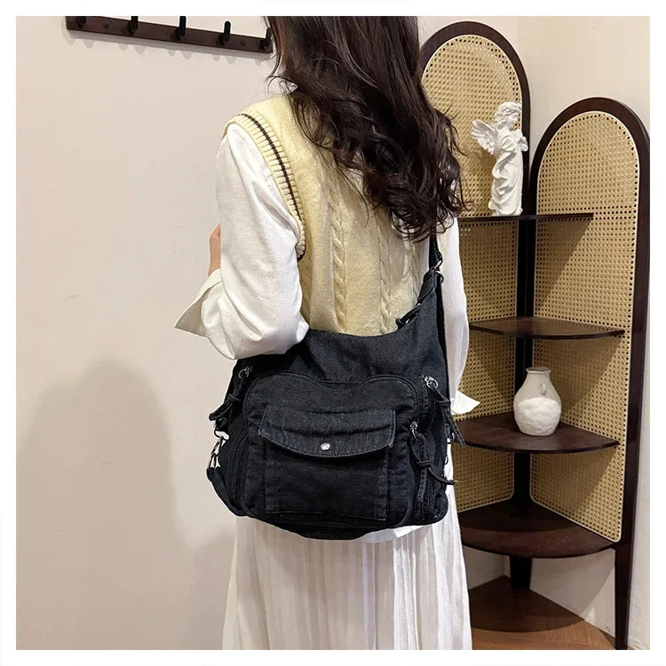 Trendy Solid Color Denim Shoulder Bag | Versatile Women's Crossbody