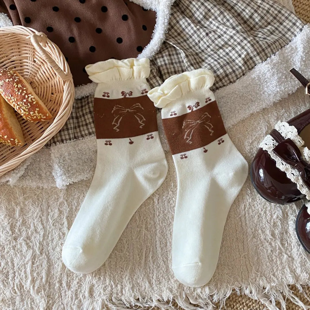Cute Women's Mid-Calf Socks | Charming Cherry Bow Design