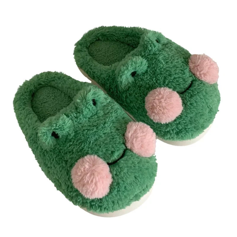 Women's Cute Green Frog Plush Slippers | Cozy Faux Fur House Shoes