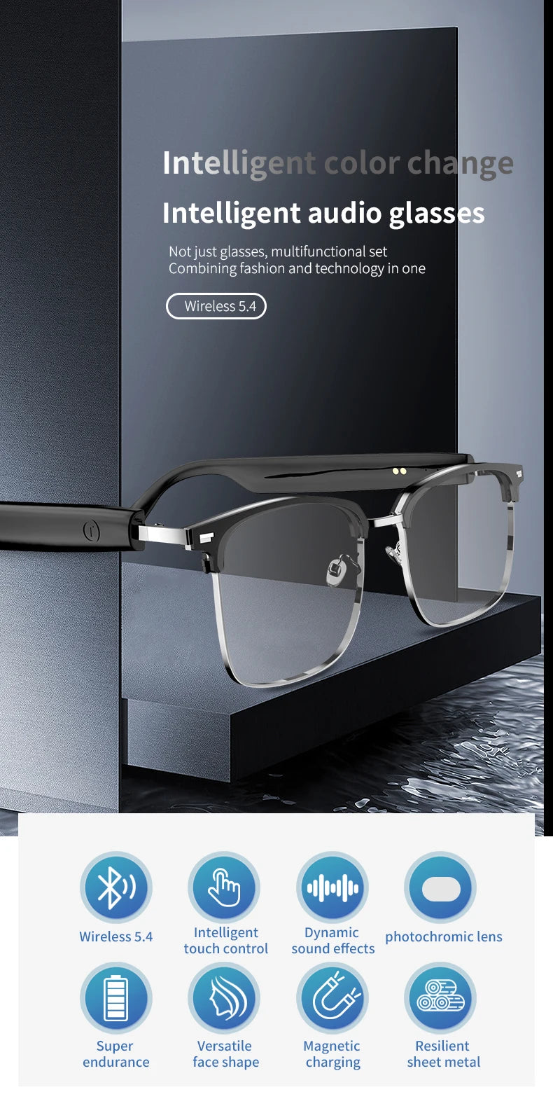 Smart Glasses with Color-Changing Lenses & Bluetooth Audio