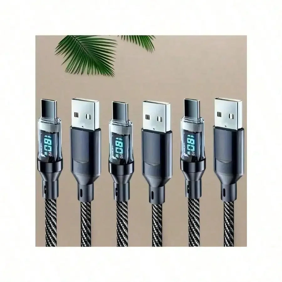 180W ultra fast charging USB A to Type-C cable with LED digital display, matte surface, data synchronization,