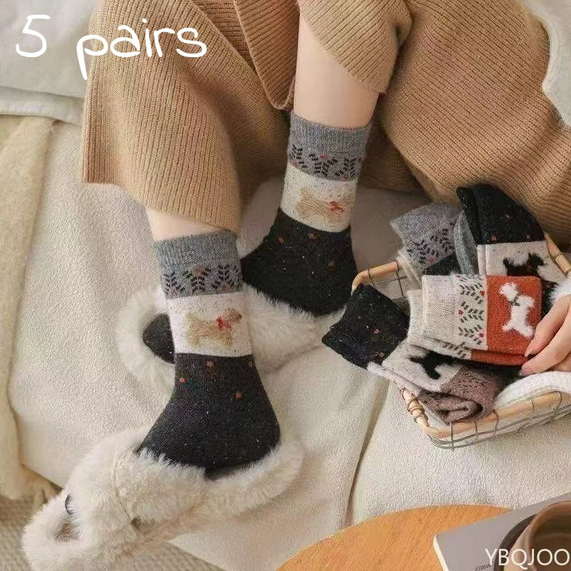5 Pairs Dog Pattern Plush Women's Socks | Cozy Mid-Tube Styles