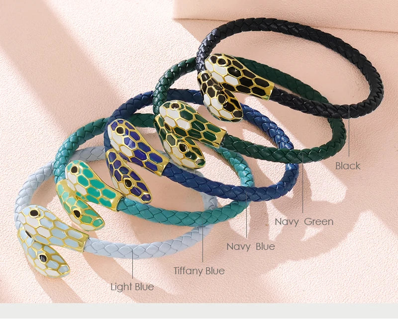 MOONLIGHT Classic Style Double Snake Head Cuff Bangles for Women Genuine Braided Leather Bracelets Female Fashion Jewelry Gifts
