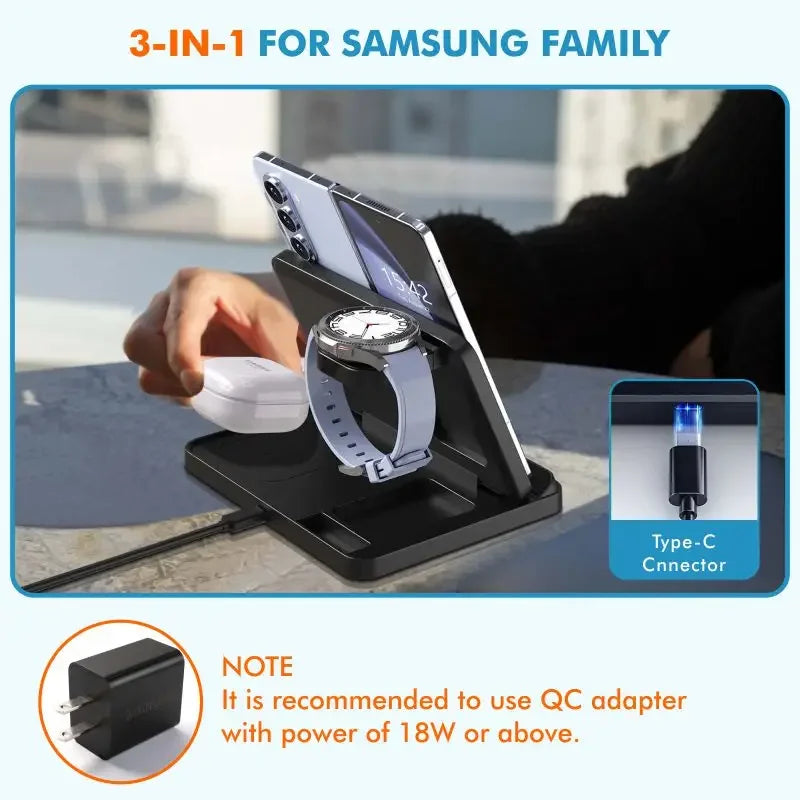 3-in-1 Fast Wireless Charger Stand for Phones, Watches, & Earbuds