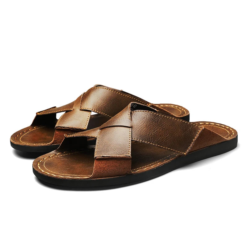 Plus Size Men Leather Slippers Homes In Indoor Slippers Summer Open Toe Sandals Comfy Antiskid Soft Bottom Casual Walking Shoes