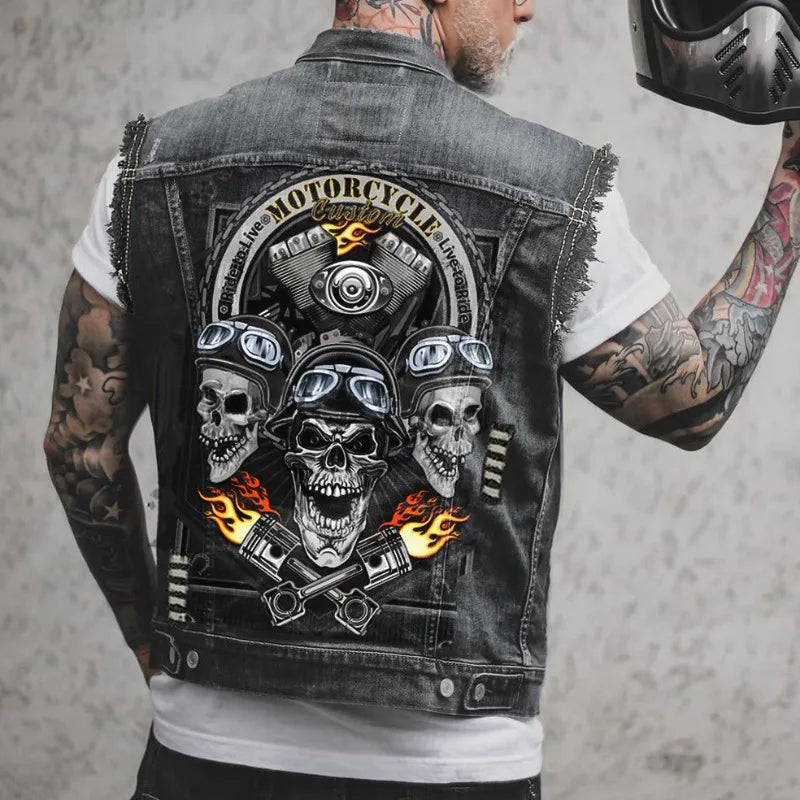 Men's Retro Denim Motorcycle Vest | Stylish Sleeveless Jacket