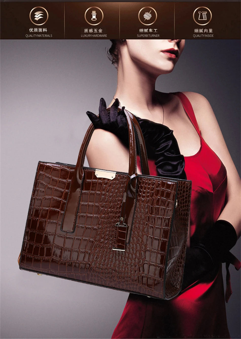 Bolso elegante de charol con cocodrilo | Bolso de lujo para mujer