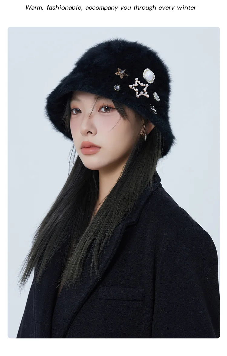 Oversized Rhinestone Rabbit Fur Bucket Hat | Stylish Warm Winter Cap
