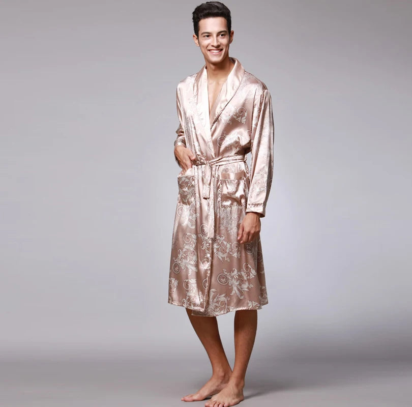 Traditional Japanese KIMONO Fashion YUKATA Oriental Gold Dragons Pattern Bathrobe Summer Men Ice Silk Robes Pajamas  Sleepwear