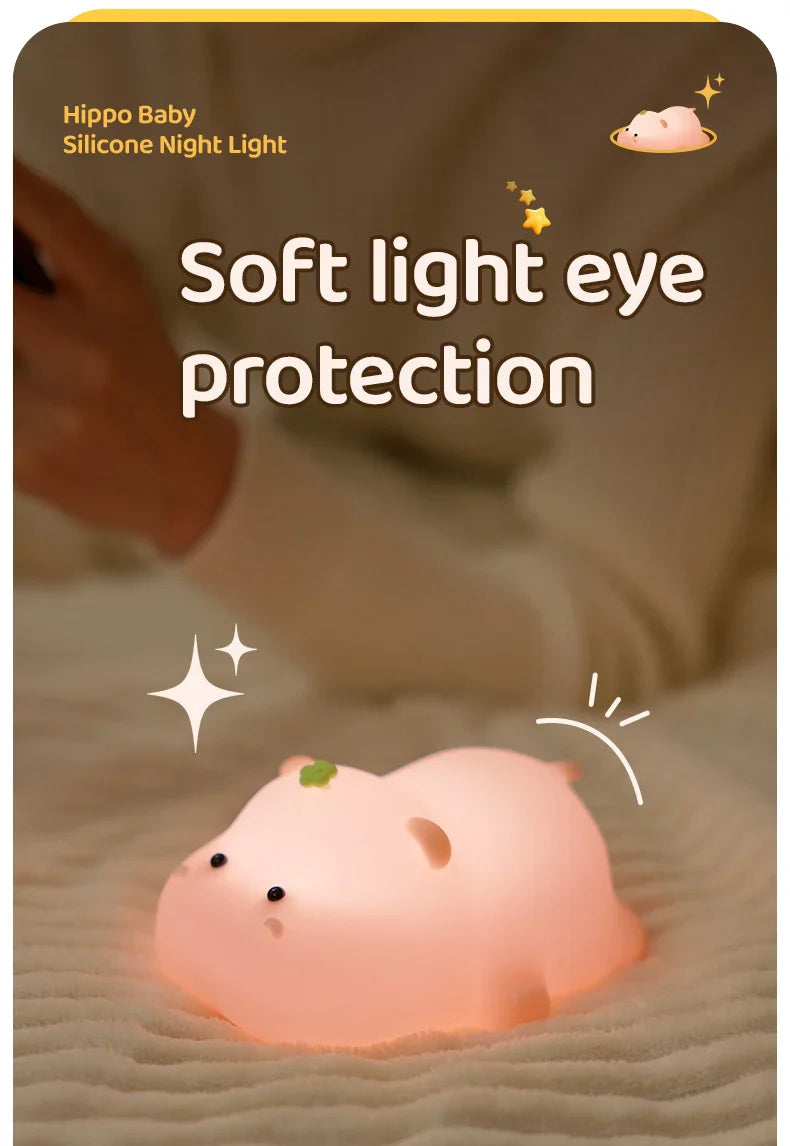 Cute Pink Hippo Night Light | Portable Silicone Kids Lamp