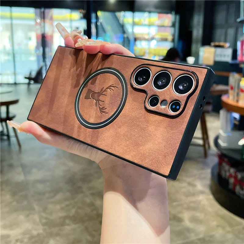Leather Deer Maple Phone Case | Magnetic Charging Cover for Galaxy