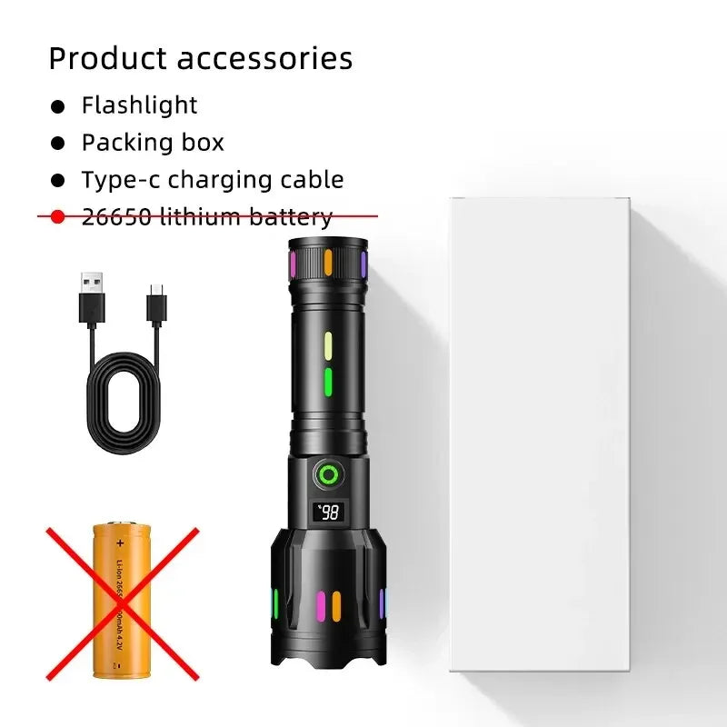 High Power Long Range LED Flashlight | Zoom & Colorful Light