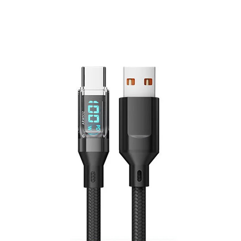 180W ultra fast charging USB A to Type-C cable with LED digital display, matte surface, data synchronization,