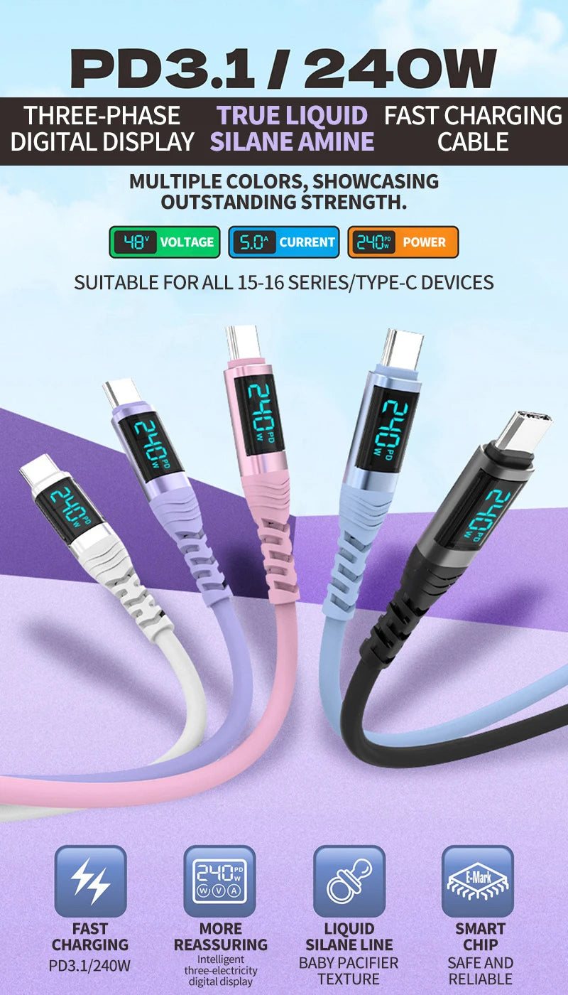 PD3.1 USB C Cable,240W LED Display Type C Fast Charging Cable with Data Transfer,for iPhone 17/16,Samsung Galaxy A17/S25,Huawei