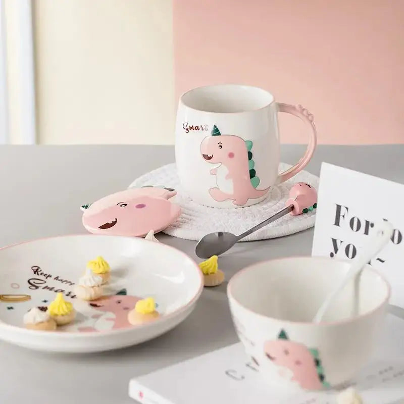 Dinosaur Cartoon Ceramic Mug with Lid & Spoon | Fun Breakfast Cups