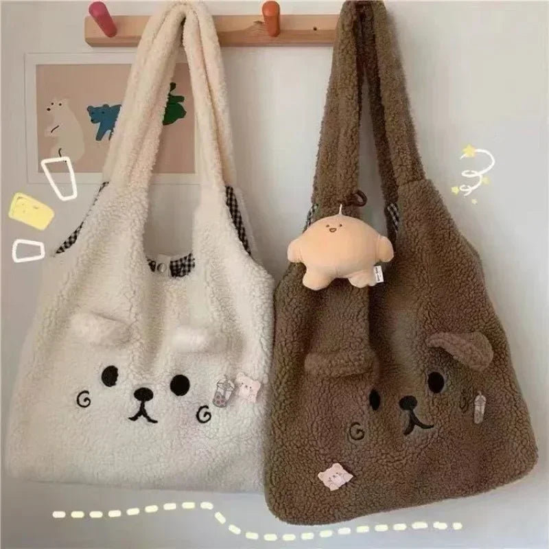 Winter Soft Plush Tote Bag for Women | Cartoon Embroidery Design
