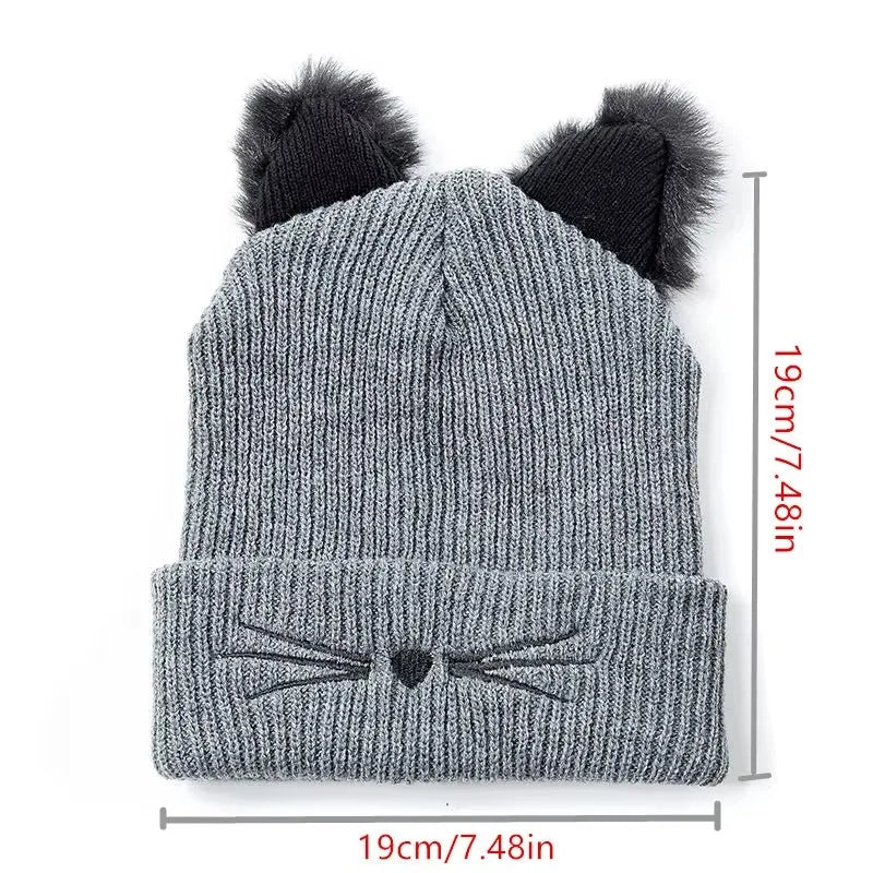 Women's Cute Cat Ear Beanie Hat | Warm Acrylic Knit Winter Skull Cap