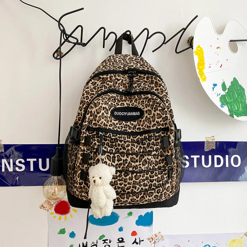 Vintage Leopard Print Backpack, Large Capacity School Bookbag with Side Mesh Pouch, for Students Travel Outdoor Streetwear