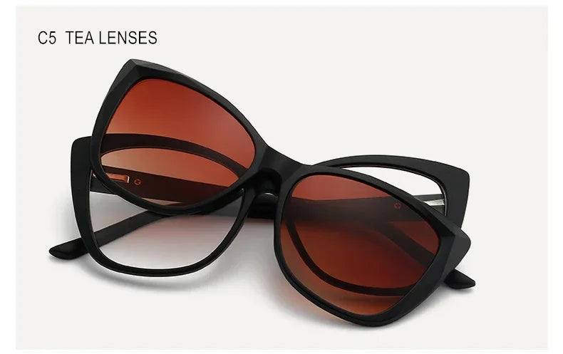 Stylish Cat Eye Prescription Glasses with Clip-On Sunglasses