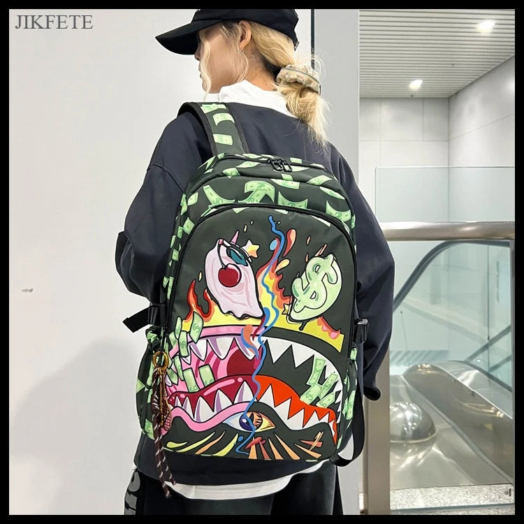 Stylish Shark Mouth Print Backpack | Versatile School & Travel Bag