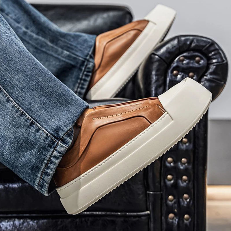 Men's Retro Brown PU Leather Platform Loafers | Lightweight Casual Sneakers