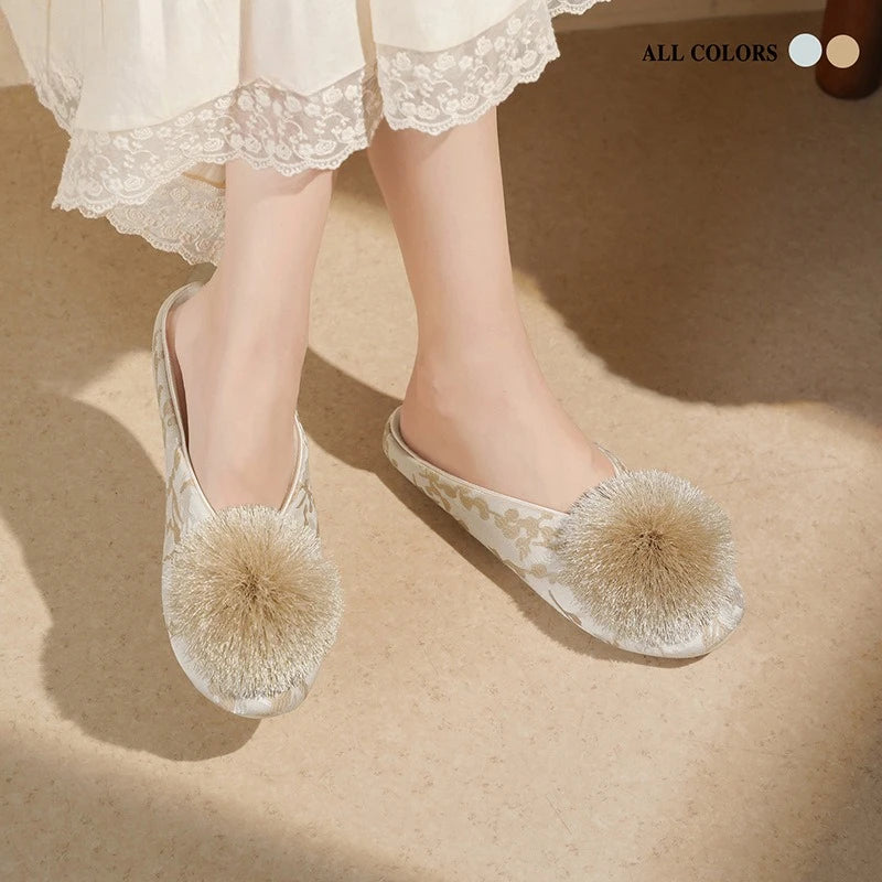 Ladies Indoor Cotton Slippers with Pom Poms | Stylish Comfort