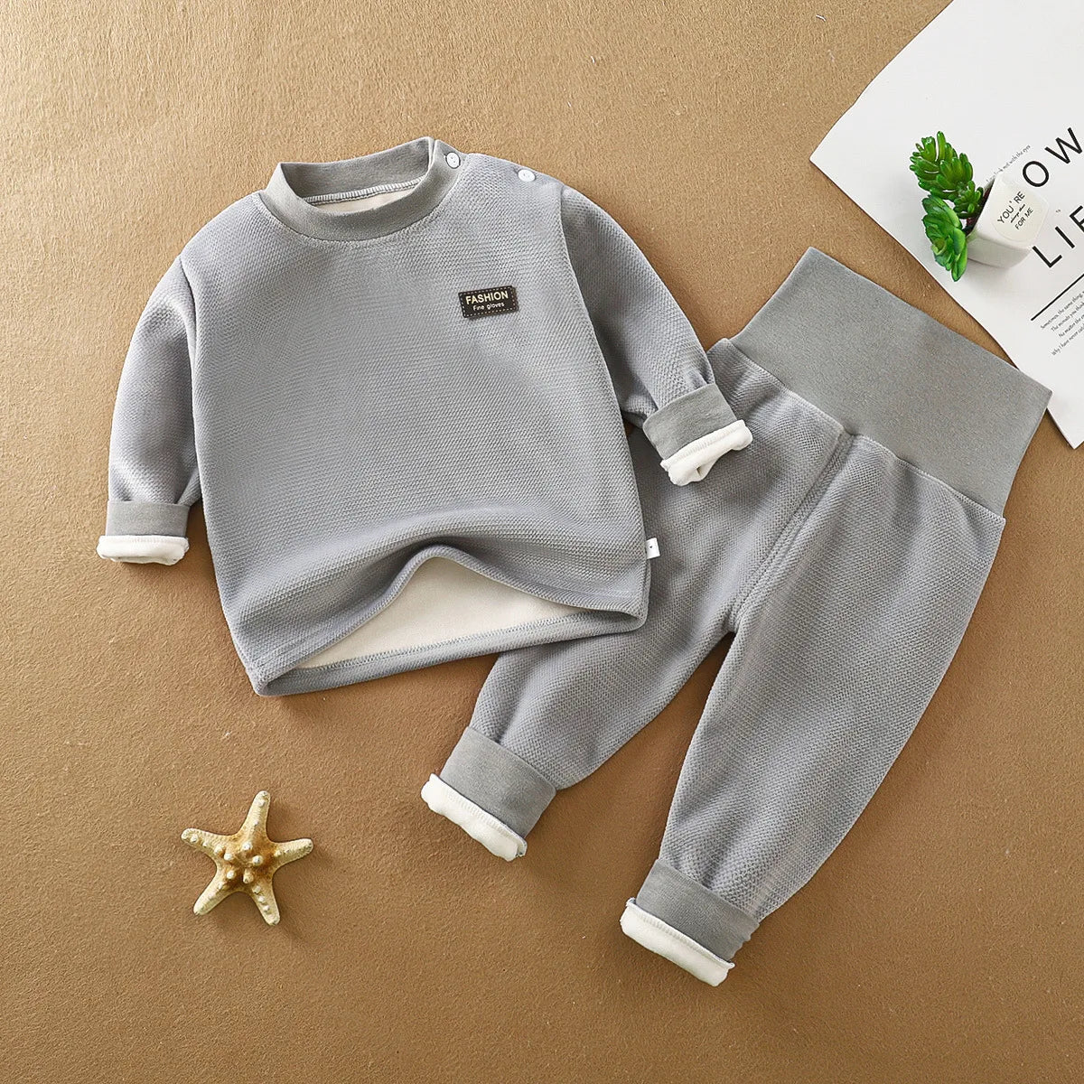 Unisex Kid's Fleece-Lined High Neck Top & Pants Set for Daily Wear