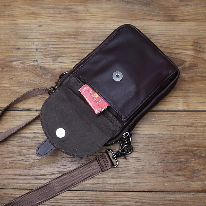 NZPJ Vintage Genuine Leather Men's Shoulder Bag Natural Cowhide Crossbody Bag Casual Small Backpack Suitable for 8-inch iPad