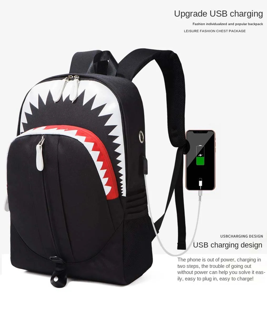 Luminous Shark Mouth Backpack | USB Laptop Travel Bag for Teens