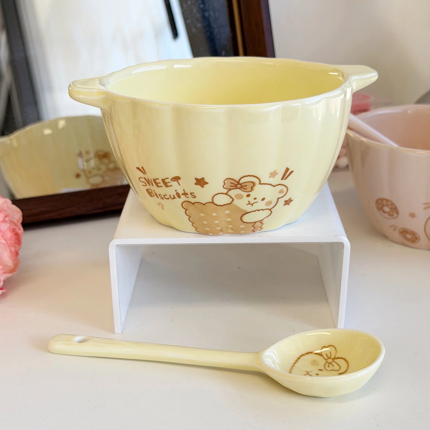 6.2in Cute Animal Double-ear Bowl with Spoon | Versatile Dining Bowl