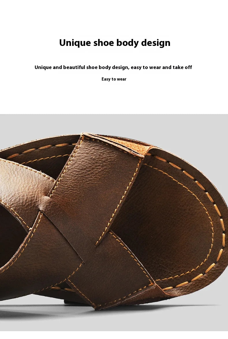 Plus Size Men Leather Slippers Homes In Indoor Slippers Summer Open Toe Sandals Comfy Antiskid Soft Bottom Casual Walking Shoes