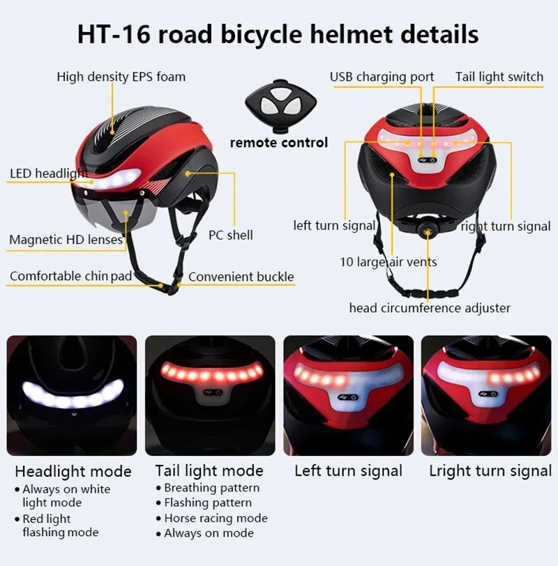Ultralight Road Bicycle Helmet with LED Lights & Magnetic Goggles