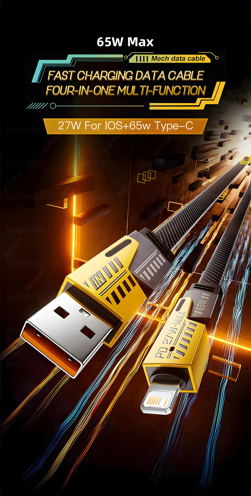 65W Fast Charging USB Cable - Mecha Style for iPhone & Type-C