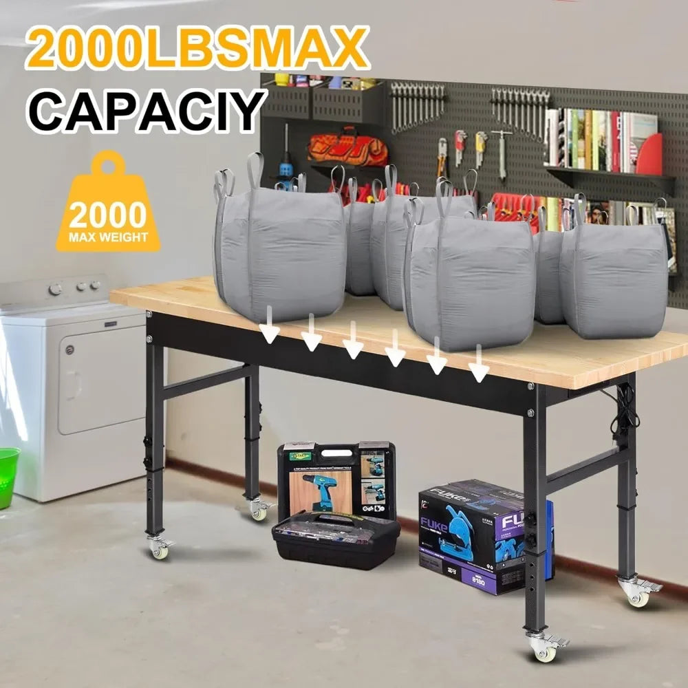 60 Inch Adjustable Workbench | Heavy Duty Work Table with Outlet