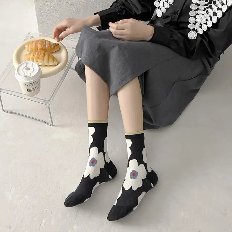 Cute Pink Flower Embroidery Socks for Women | Kawaii Retro Style