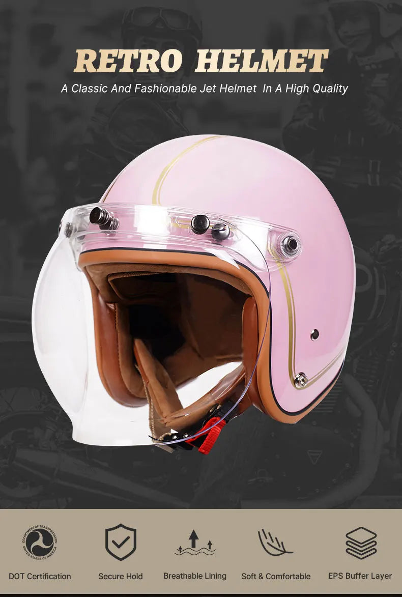3/4 Open Face Retro Motorcycle Helmet with Bubble Visor - DOT Approved