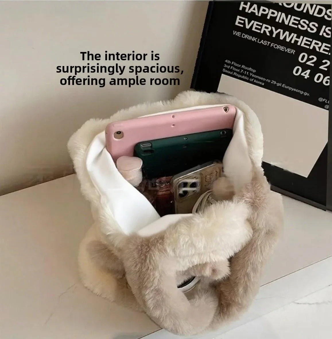 Cute Cartoon Women's Cat Pattern Tote Bag | Plush Shoulder Handbag