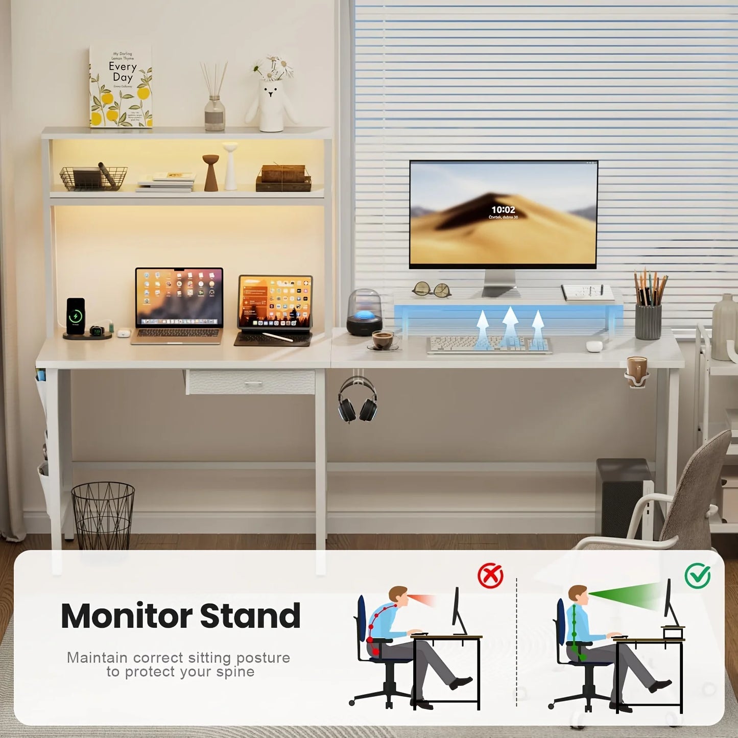 Versatile L Shaped Reversible Computer Desk with LED Lights