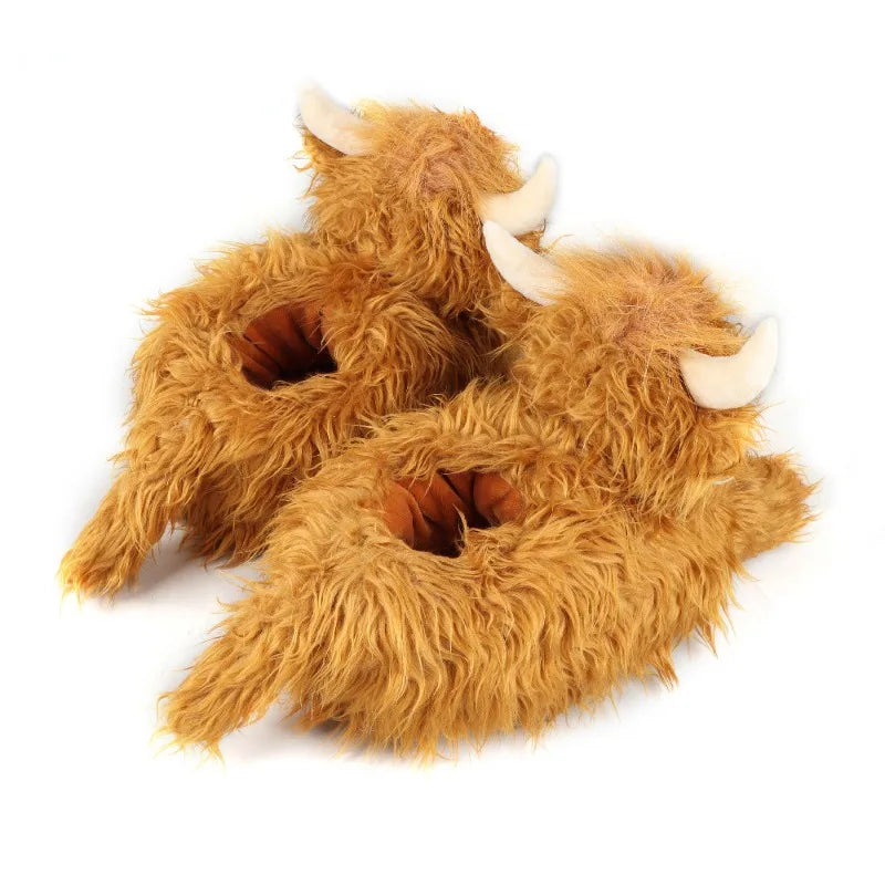 Winter Highland Cow Plush Slippers | Cute Fluffy Animal Slides