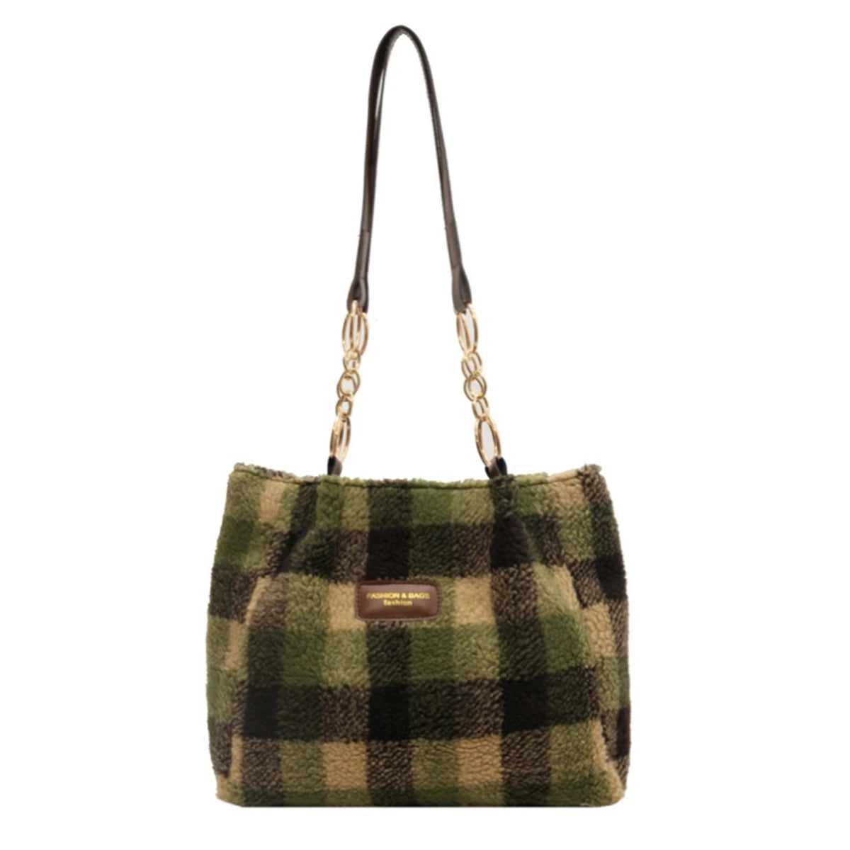 Stylish Red Plaid Plush Tote Bag | Versatile Fashion Shoulder Bag