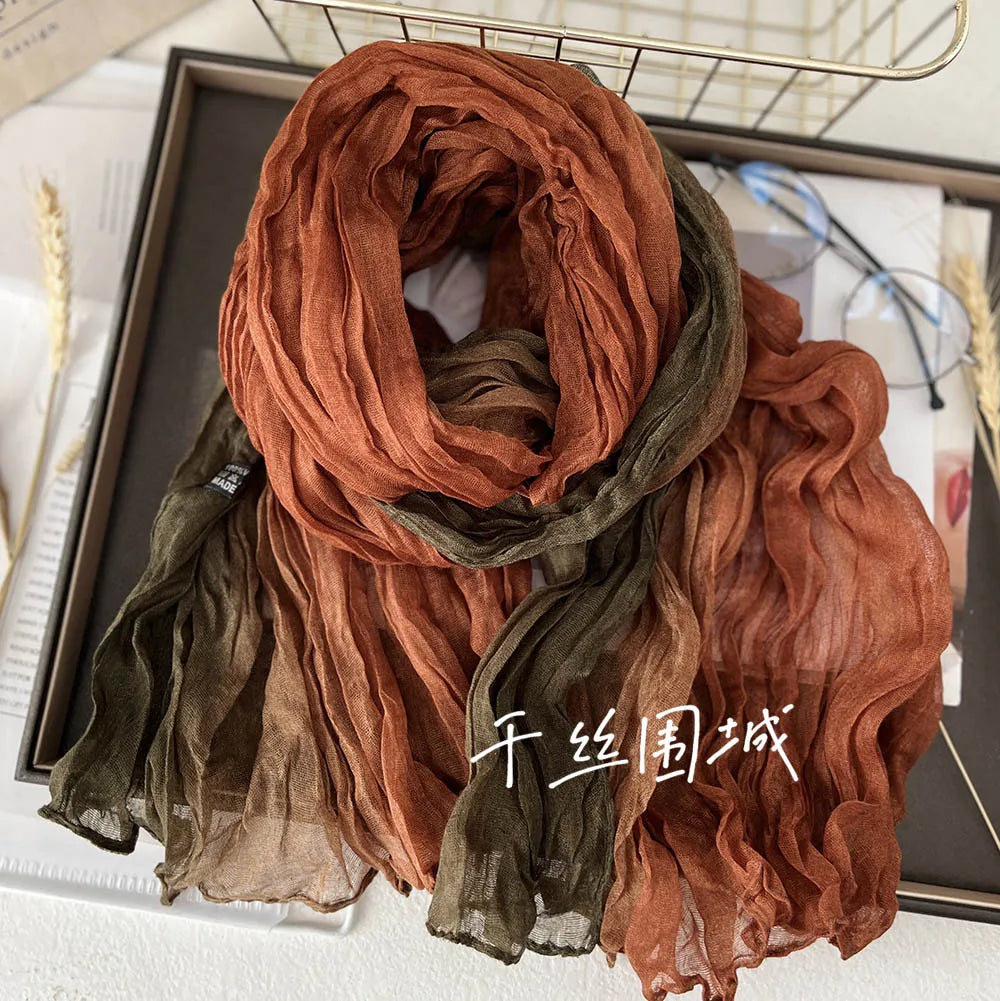 Elegant Women's Long Cotton Hemp Gradient Scarf for Winter Fashion