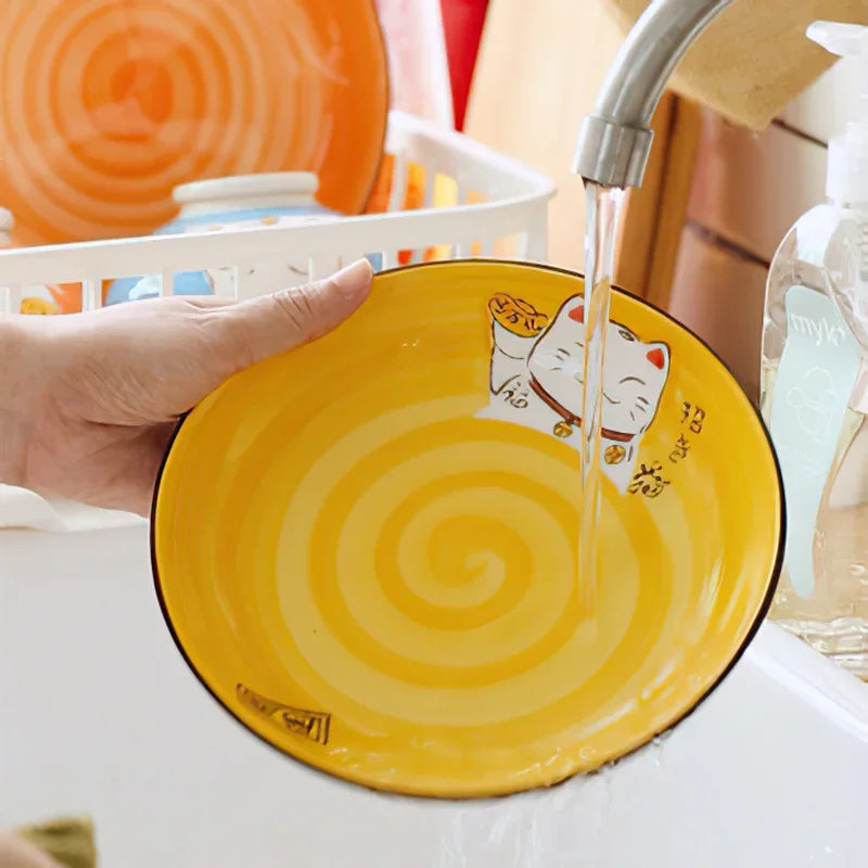 Multi-Color Cartoon Lucky Cat Round Ceramic Plate | Joyful Dining