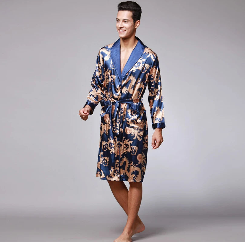 Traditional Japanese KIMONO Fashion YUKATA Oriental Gold Dragons Pattern Bathrobe Summer Men Ice Silk Robes Pajamas  Sleepwear