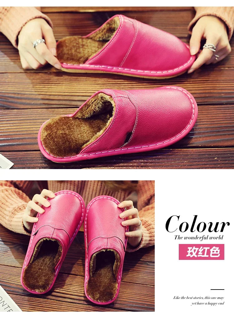 Couples Leather Plush Winter Slippers | Cozy Waterproof Shoes
