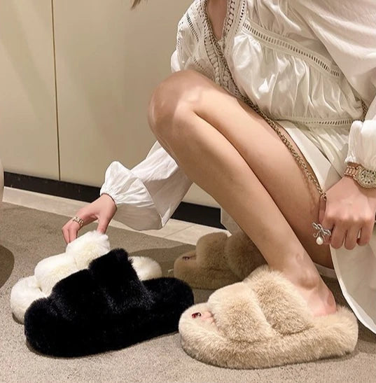 Cozy Plush Fluffy Platform Fur Slippers for Women | Anti-Slip Warmth