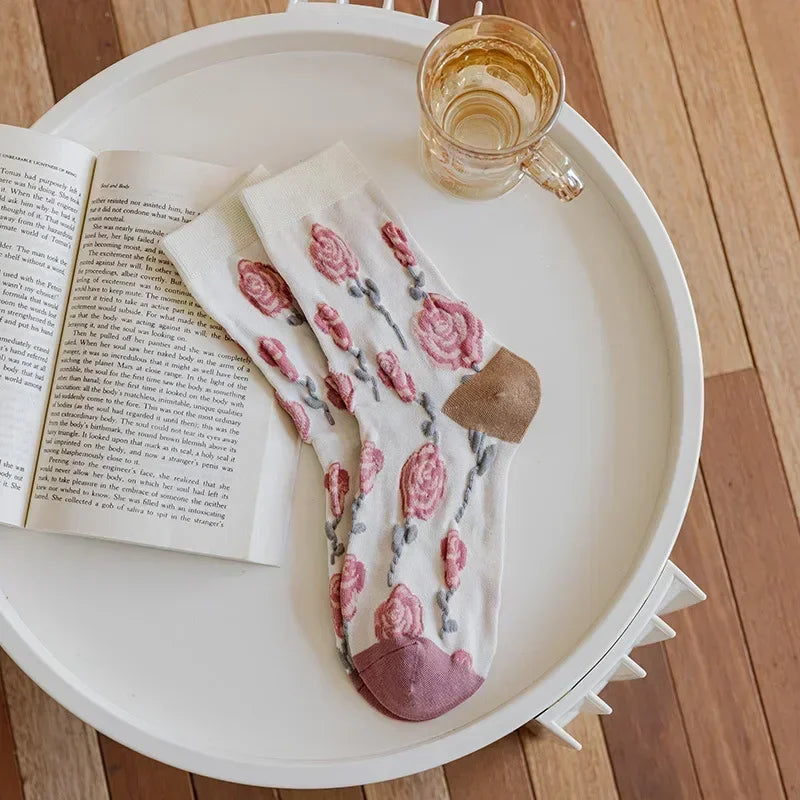 Cute Pink Flower Embroidery Socks for Women | Kawaii Retro Style