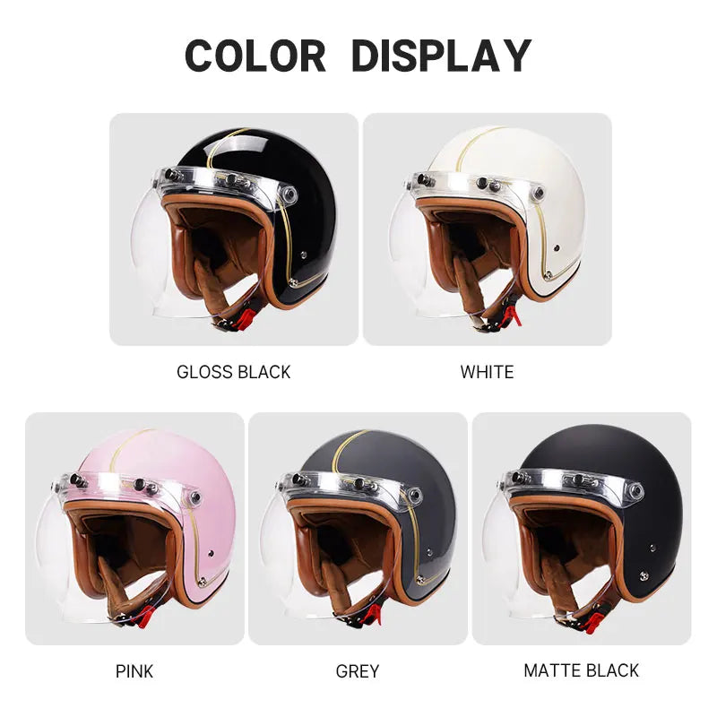 3/4 Open Face Retro Motorcycle Helmet with Bubble Visor - DOT Approved