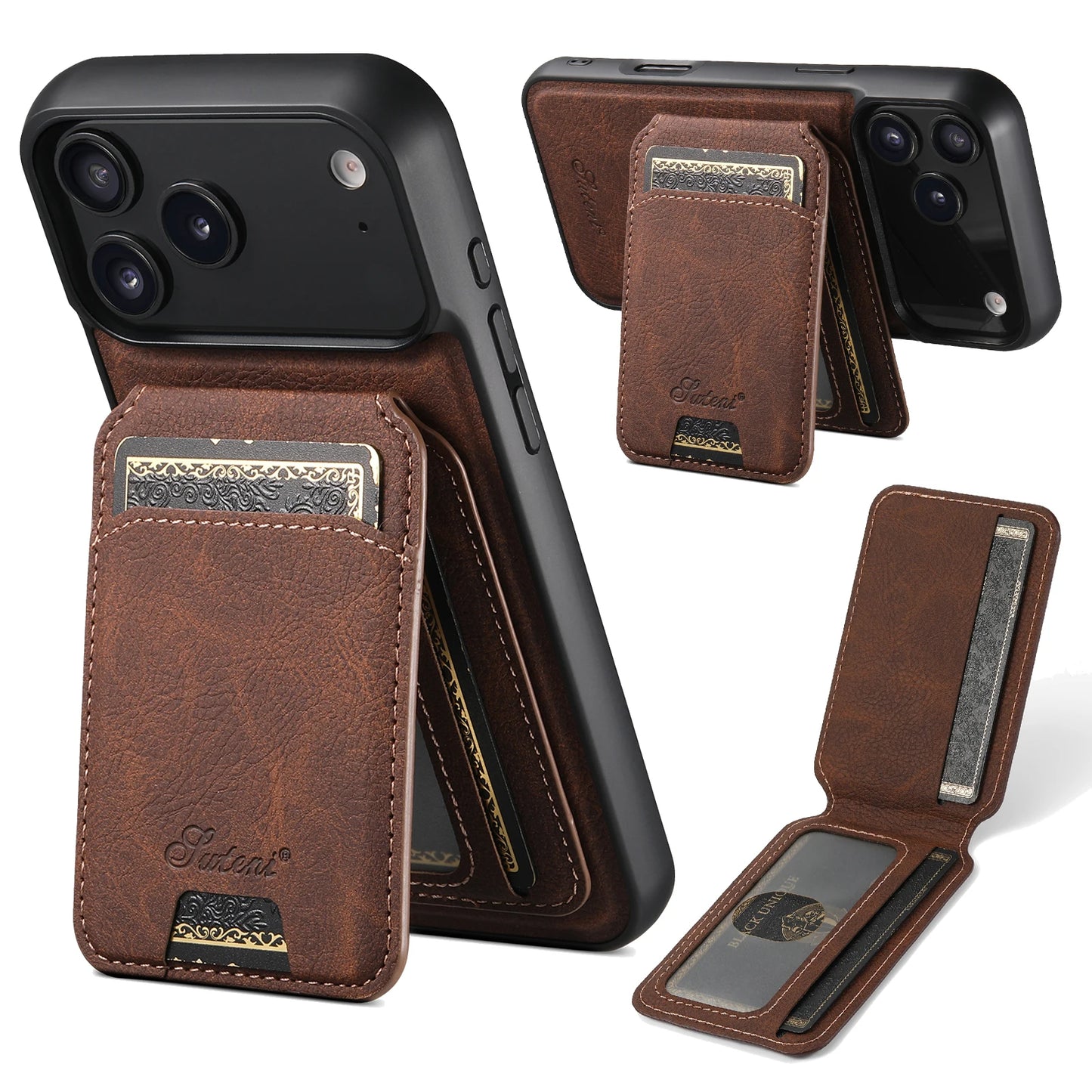 SUTENI Wireless Charging Phone Case Magnet Card Holder Stand Faux Leather For iPhone 17 Pro Max 16 Plus 15 14 13 12