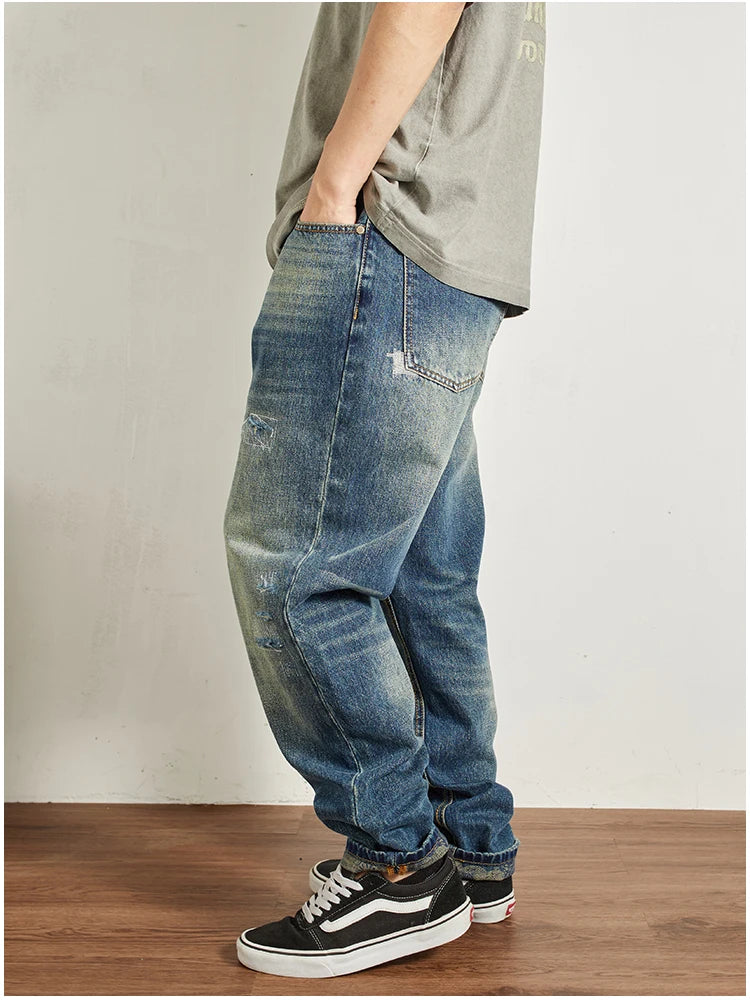 Men's Ripped Vintage Jeans | Casual Heavy Straight Leg Denim